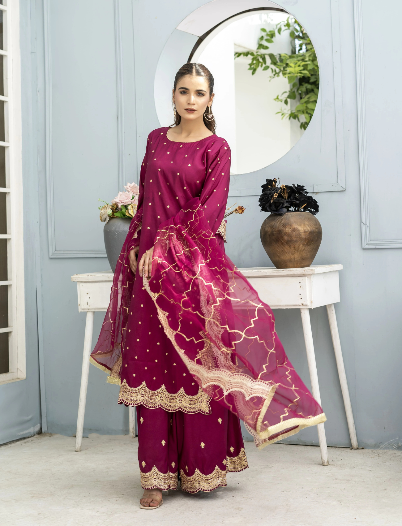 Magenta Embroidered Silk Suit | Maryam Fashions - Maryam Fashions