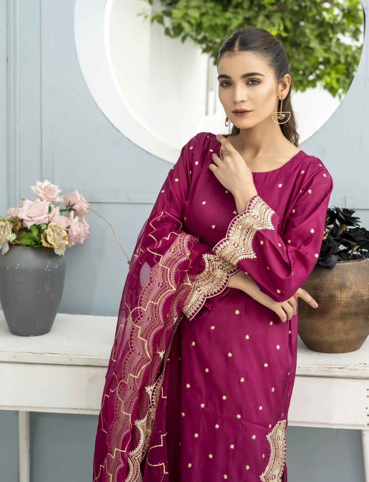 Magenta Embroidered Silk Suit | Maryam Fashions - Maryam Fashions