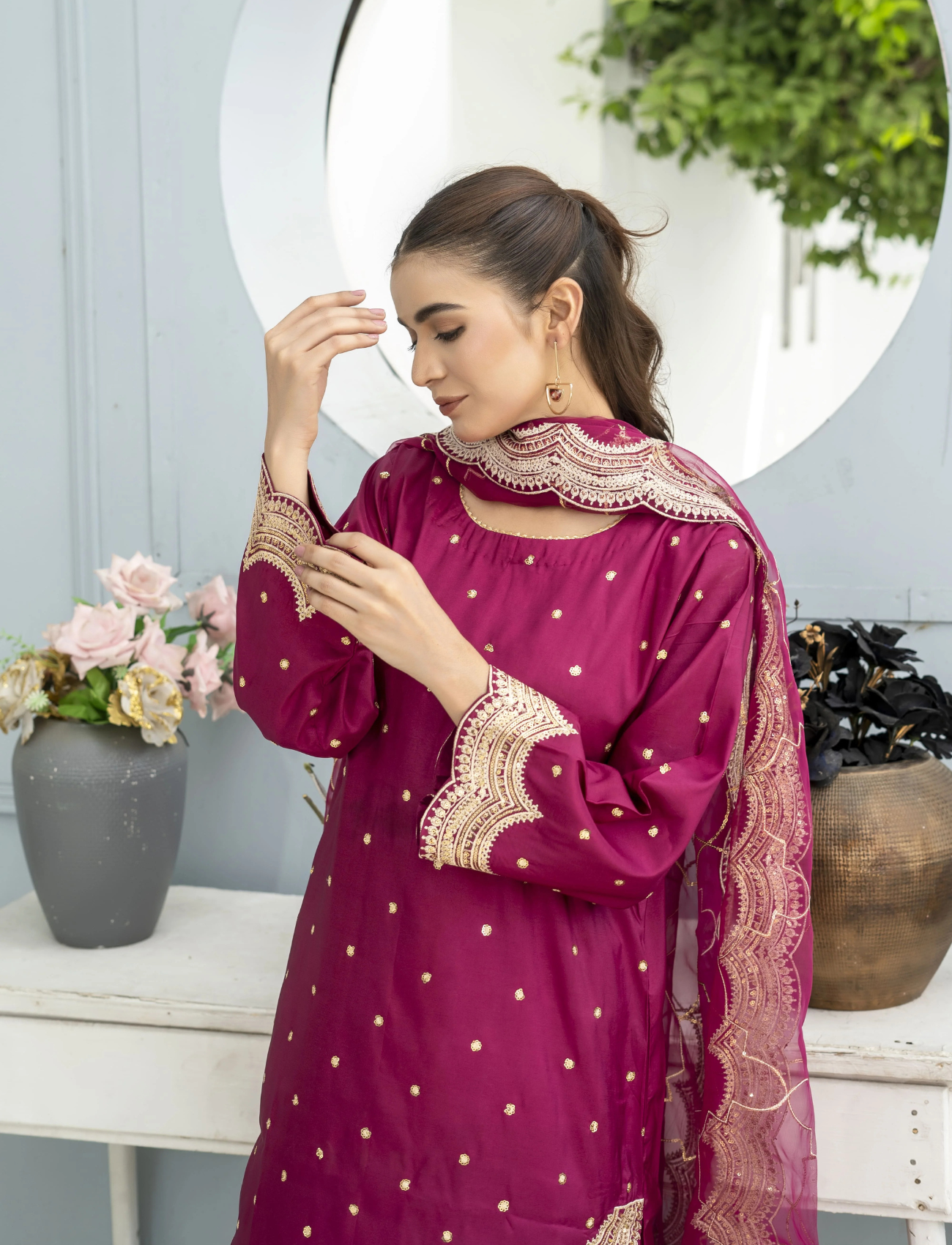Magenta Embroidered Silk Suit | Maryam Fashions - Maryam Fashions