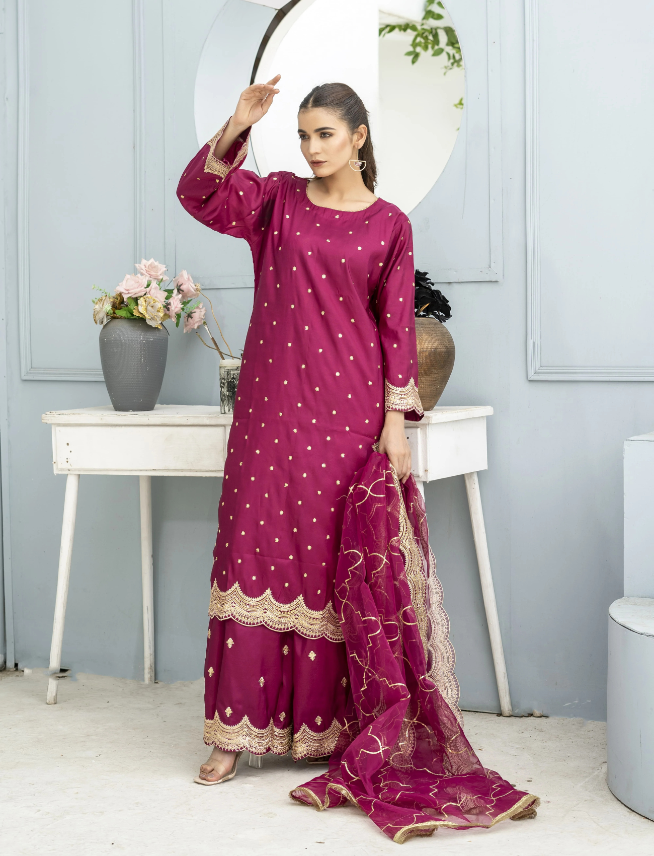 Magenta Embroidered Silk Suit | Maryam Fashions - Maryam Fashions