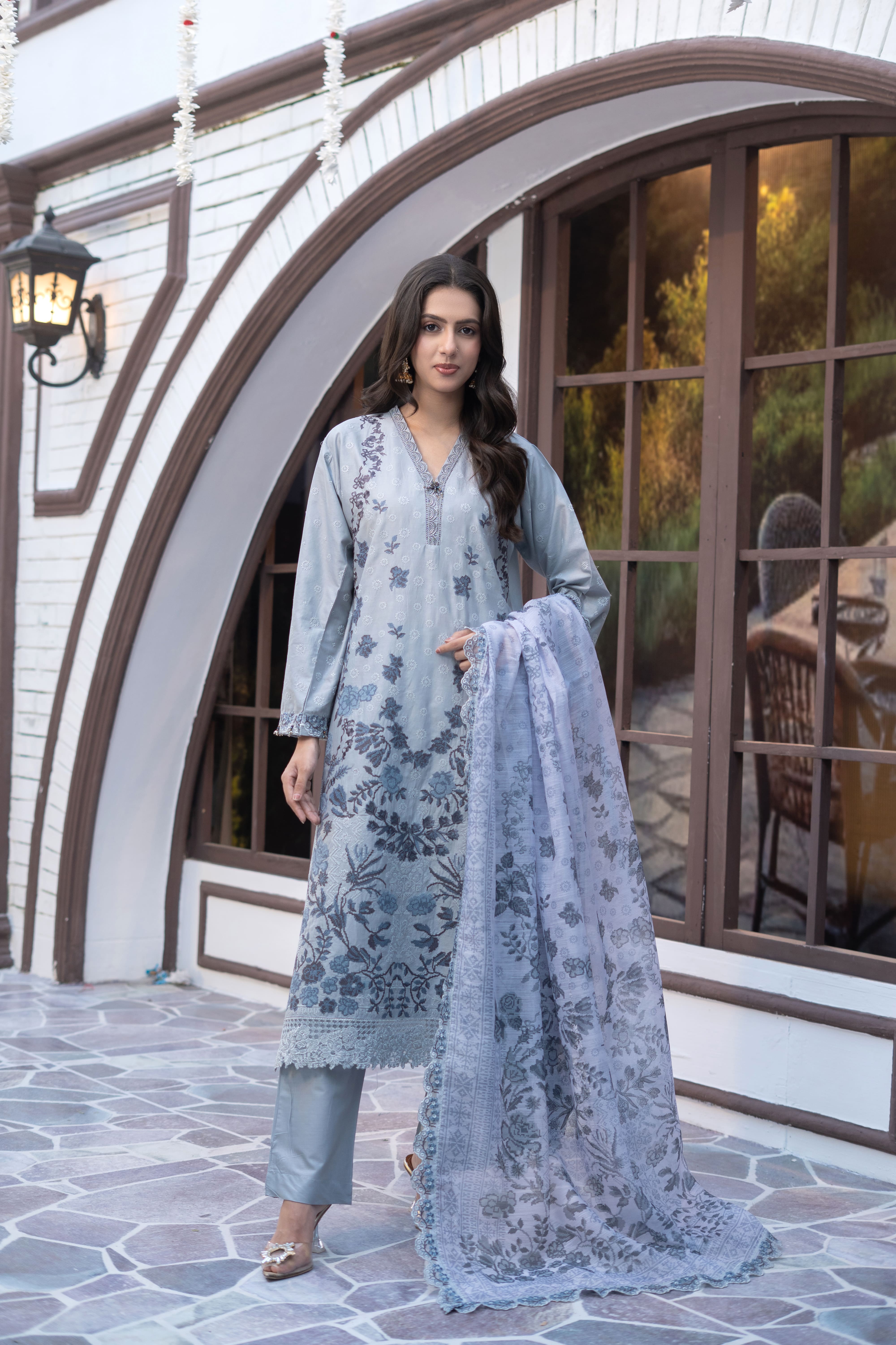 Sky Blue Printed Winter Cotton Suit | Maryam Fashions - Maryam Fashions
