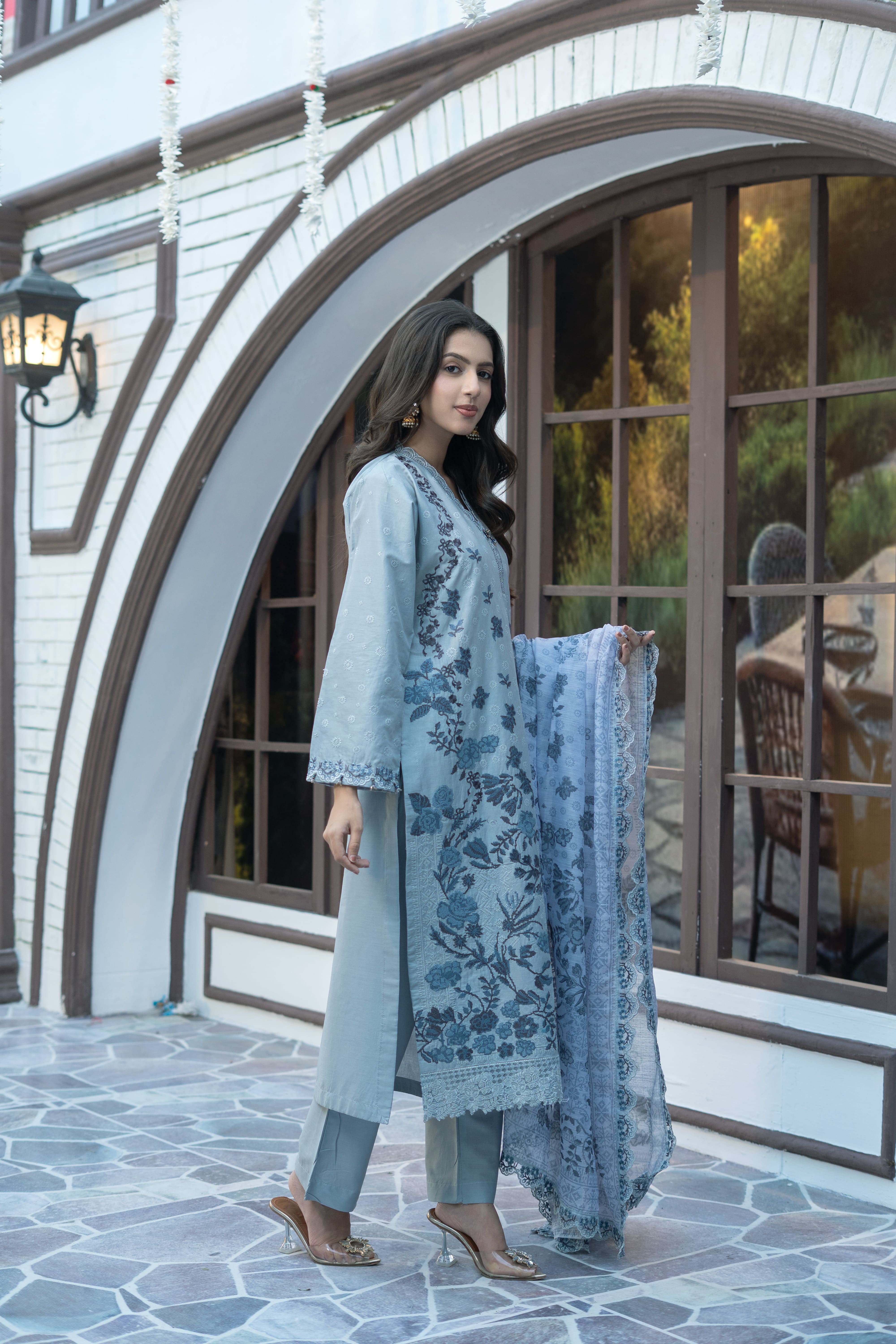 Sky Blue Printed Winter Cotton Suit | Maryam Fashions - Maryam Fashions