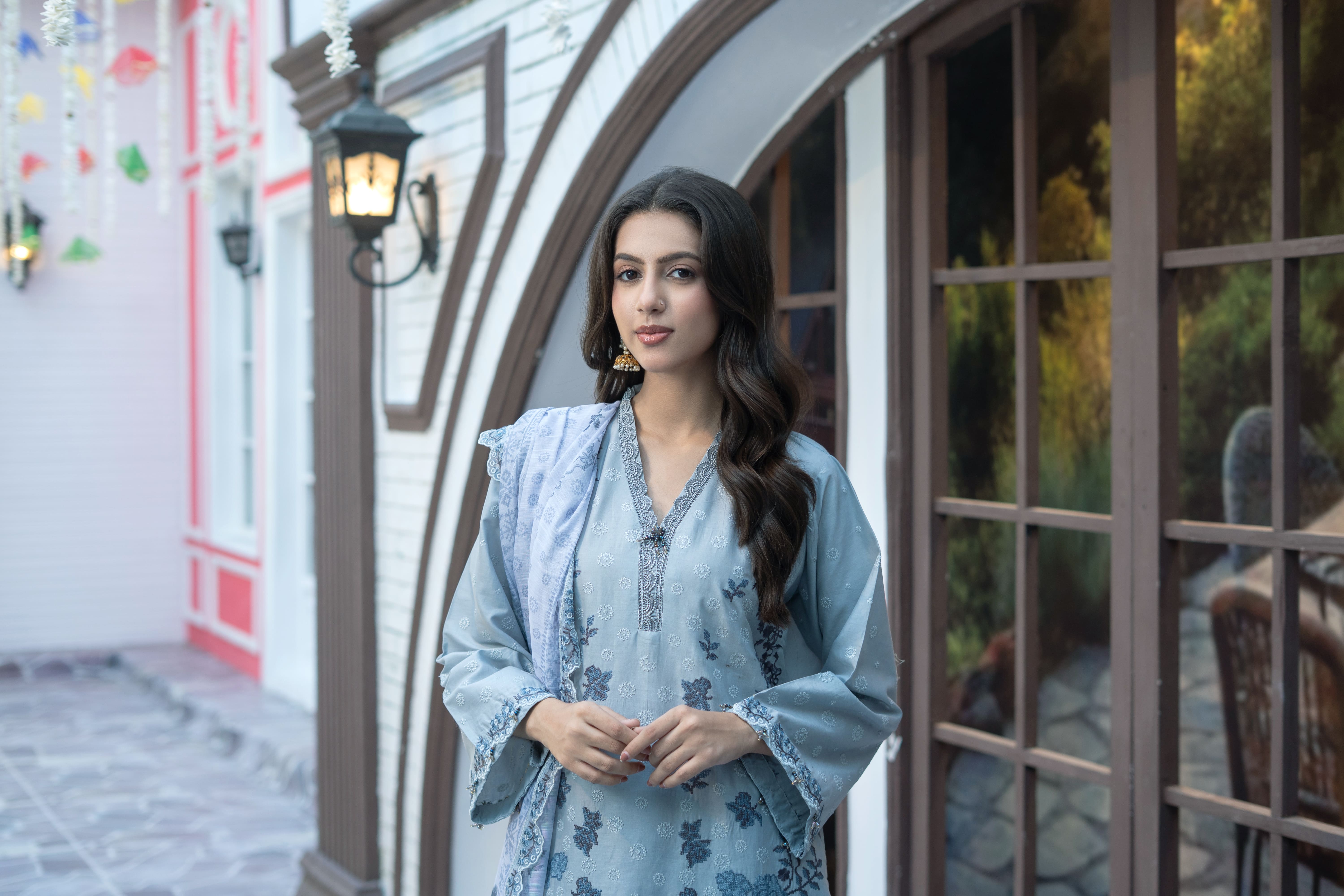 Sky Blue Printed Winter Cotton Suit | Maryam Fashions - Maryam Fashions