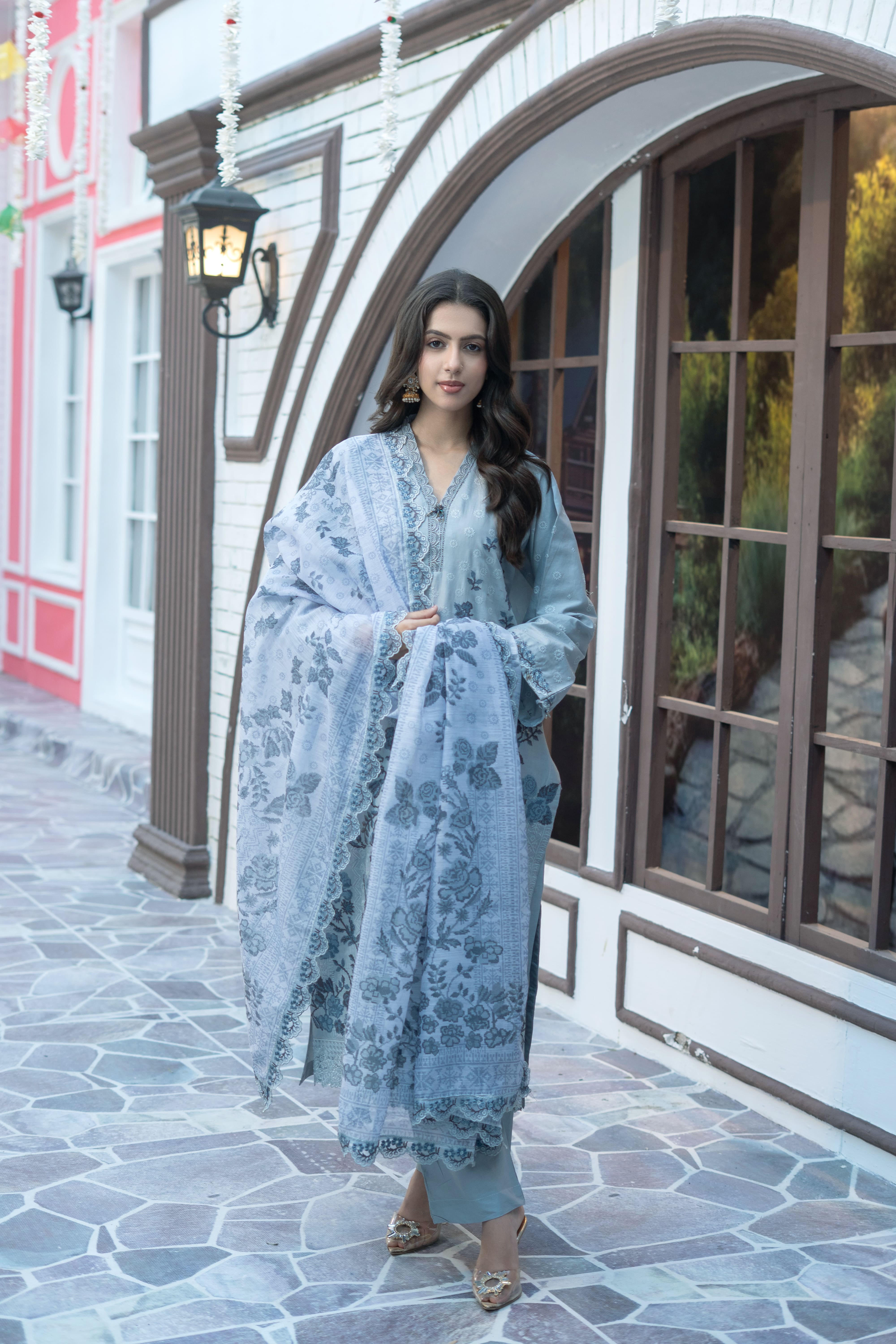 Sky Blue Printed Winter Cotton Suit | Maryam Fashions - Maryam Fashions