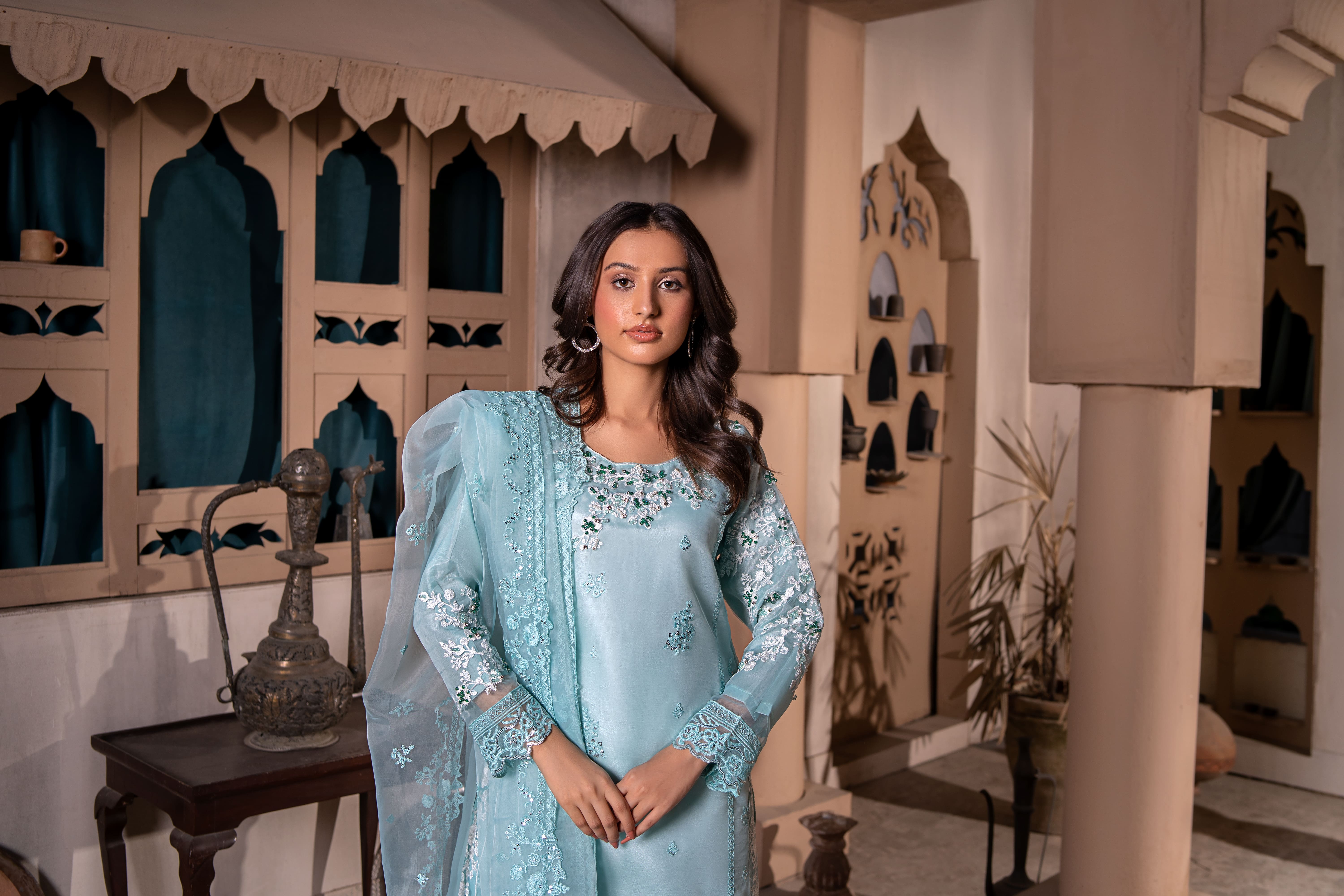 Sky Blue Embroidered Silk Suit | Maryam Fashions - Maryam Fashions