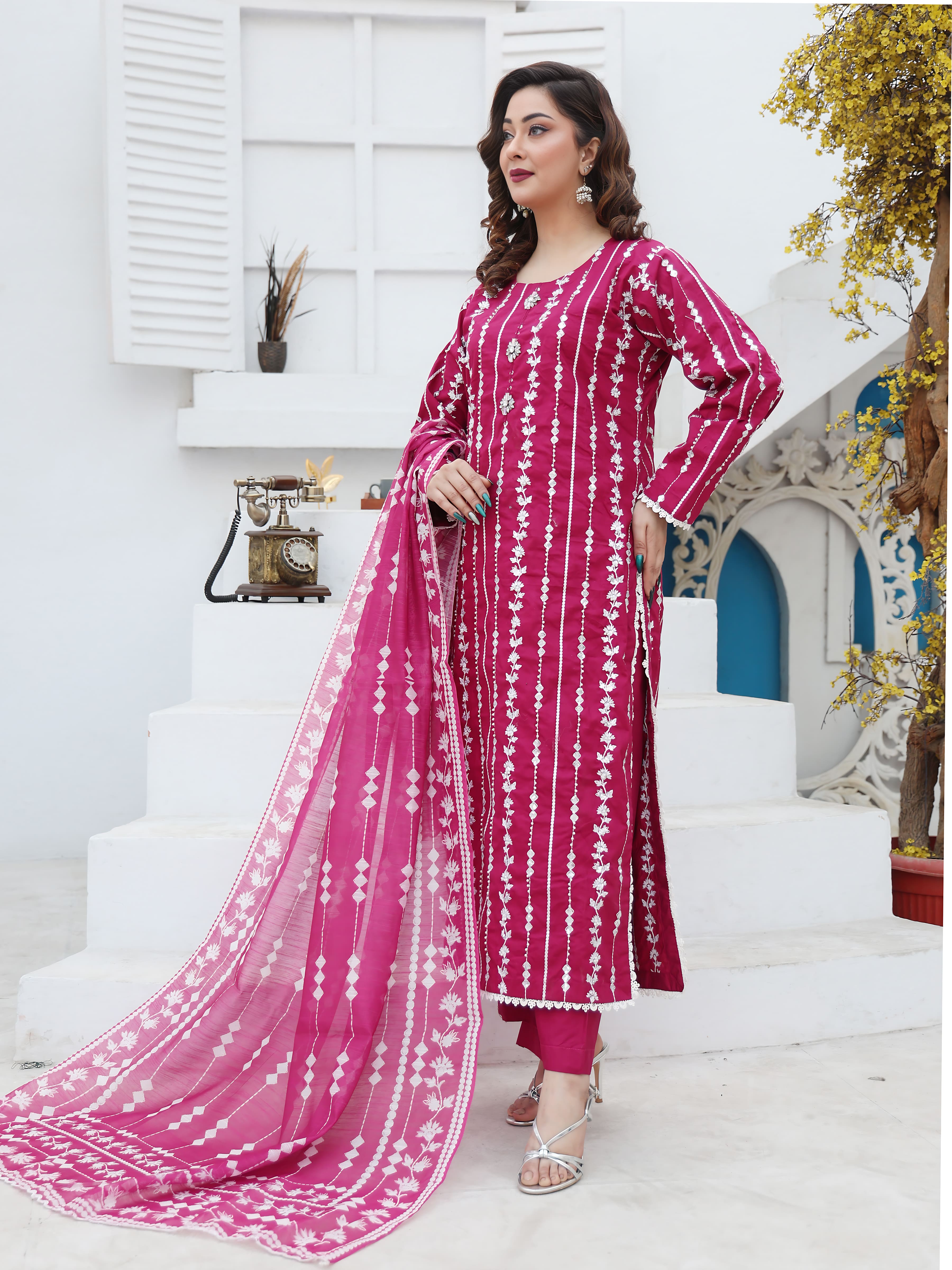Magenta Cotton Embroidered Suit – Maryam Fashions - Maryam Fashions