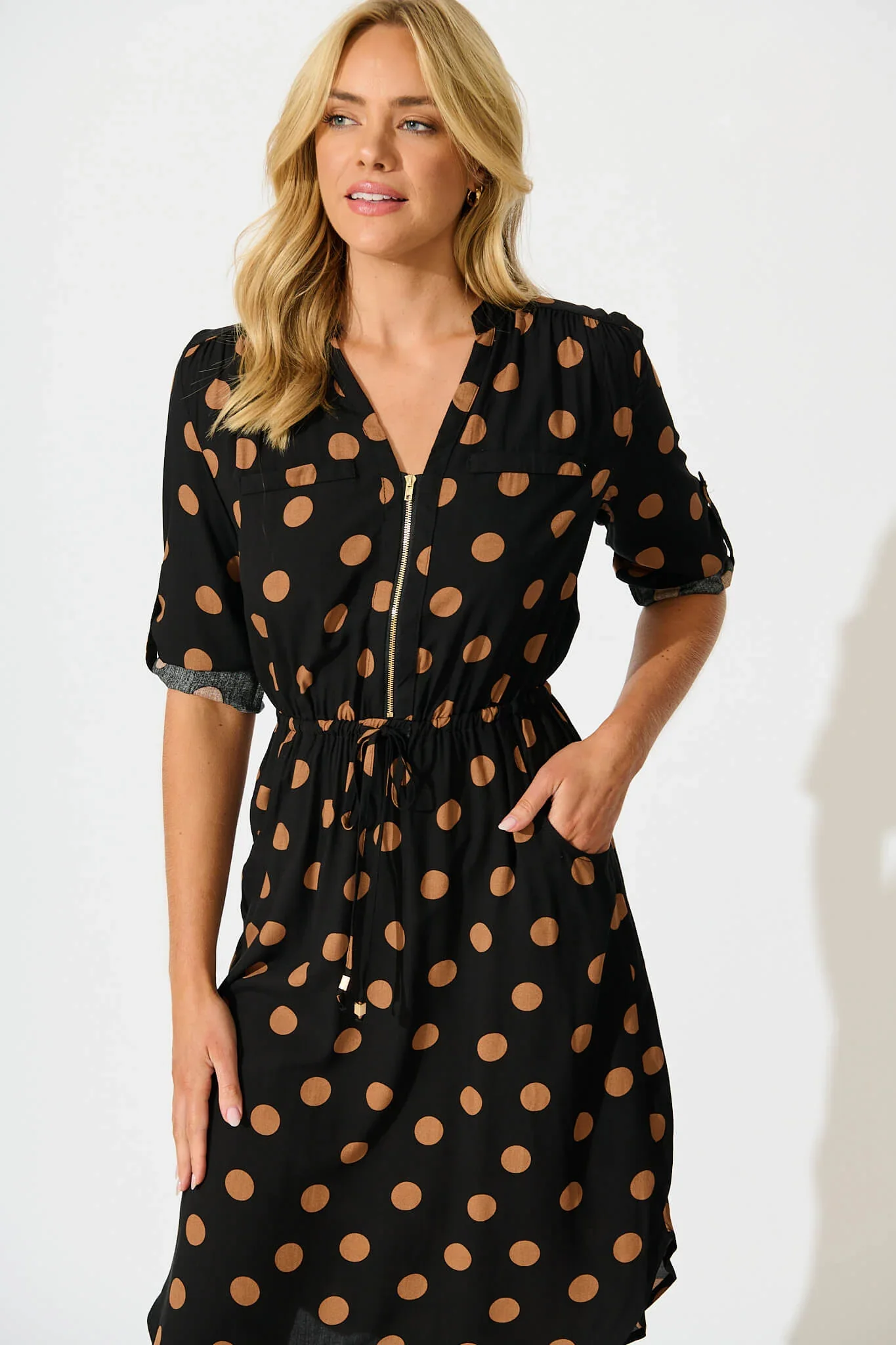 Rival Zip Dress in Black with Brown Spot - Image 2