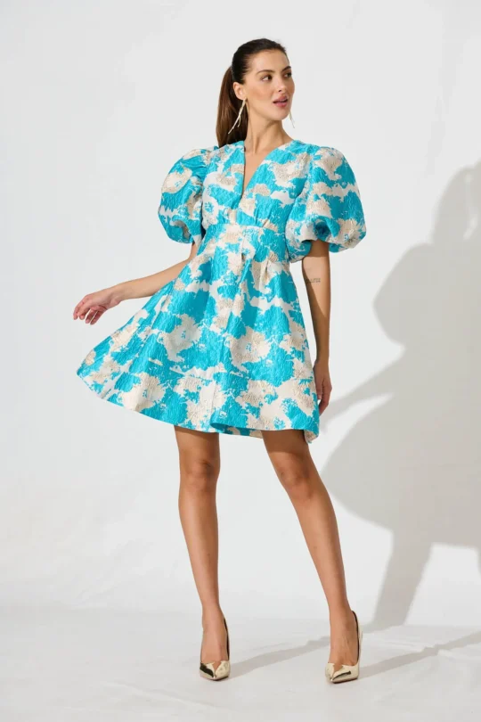 Paris Dream Dress – Gold Aqua Jacquard